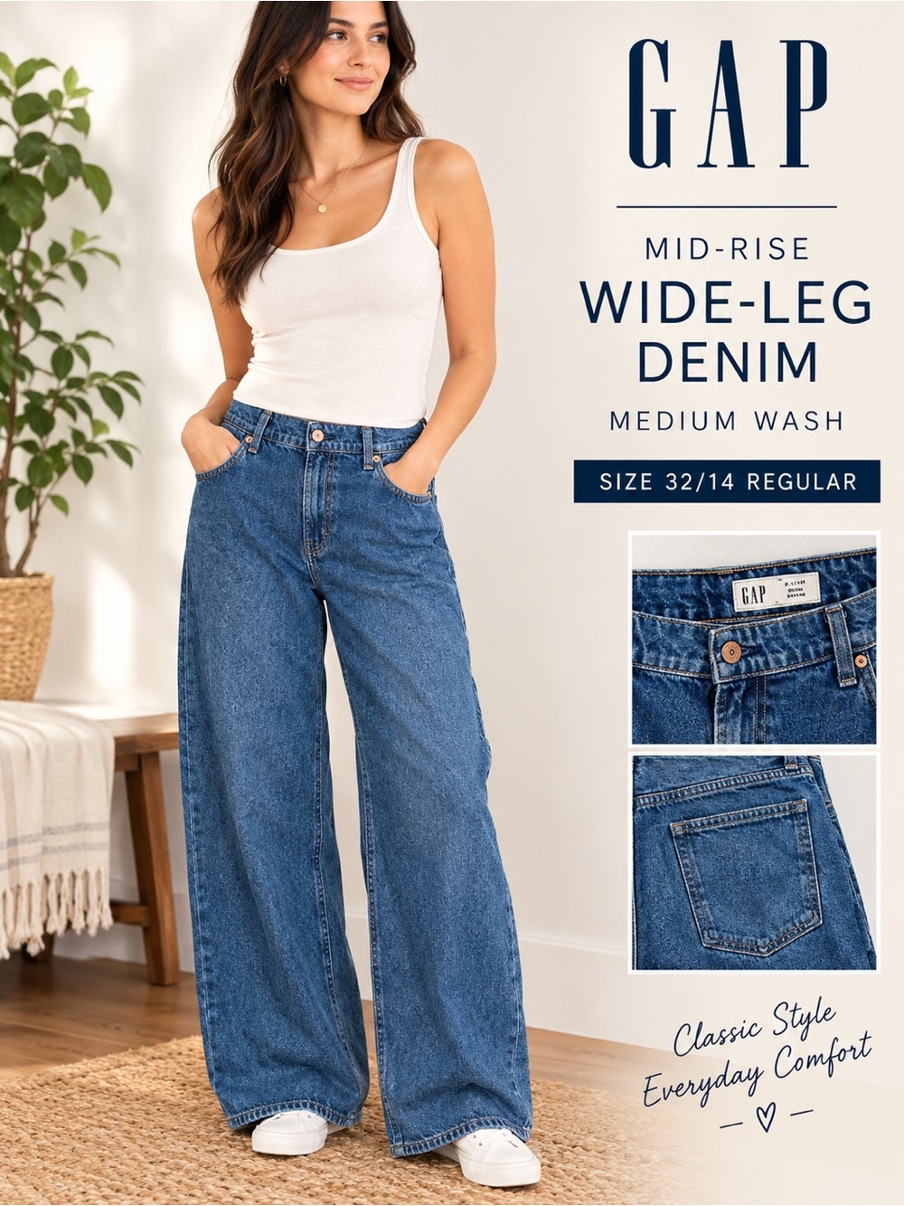 GAP Wide-Leg Denim Jeans in Medium Blue Wash